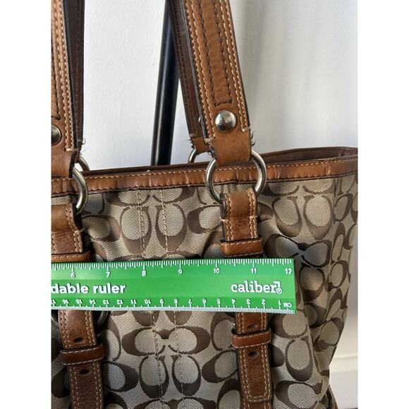 Vintage Y2K Coach Signature Silver Buckle Tote Bag 10987 Brown Tan Leather Trim - Picture 5 of 16